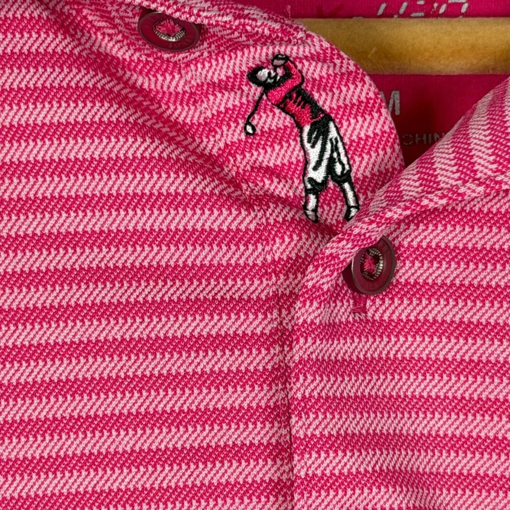 Bobby Jones Polo Shirt Mens Medium Pink Striped Short Sleeve Golf Performance